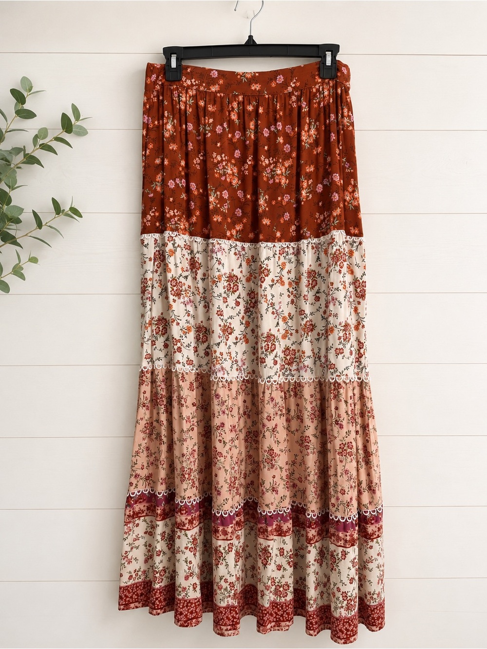 Altar'd State Rust, Cream & Blush Tiered Boho Maxi Skirt